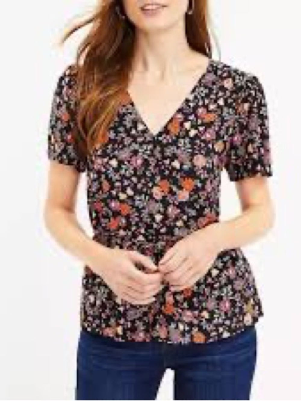 Loft Black Floral V-Neck Short Sleeve Top